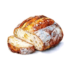 May include: Watercolor painting of a loaf of bread with a sliced piece in front. The bread has a golden-brown crust with white and light brown accents. The interior of the bread is light with visible air pockets.