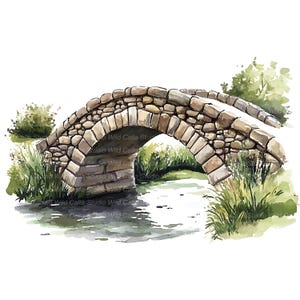 Può includere: Illustrazione ad acquerello di un ponte in pietra che si inarca su un ruscello. Il ponte è costruito con pietre marroni chiare, con fogliame verde ed erba su entrambi i lati. L'acqua riflette il ponte.