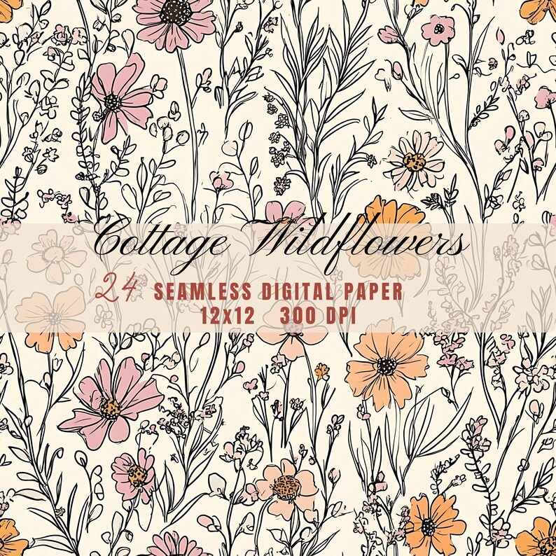 Rustic Cottagecore Wildflowers Pattern Digital Paper, Pastel Doodle Art ...