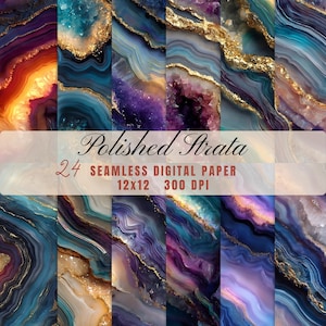 Peut inclure: Ensemble de 24 papiers numériques sans couture avec un design de strates polies. Les papiers présentent une variété de couleurs, notamment des bleus, des violets et des ors, avec un aspect géode. Le texte "Polished Strata" et "12x12 300 DPI" est visible.