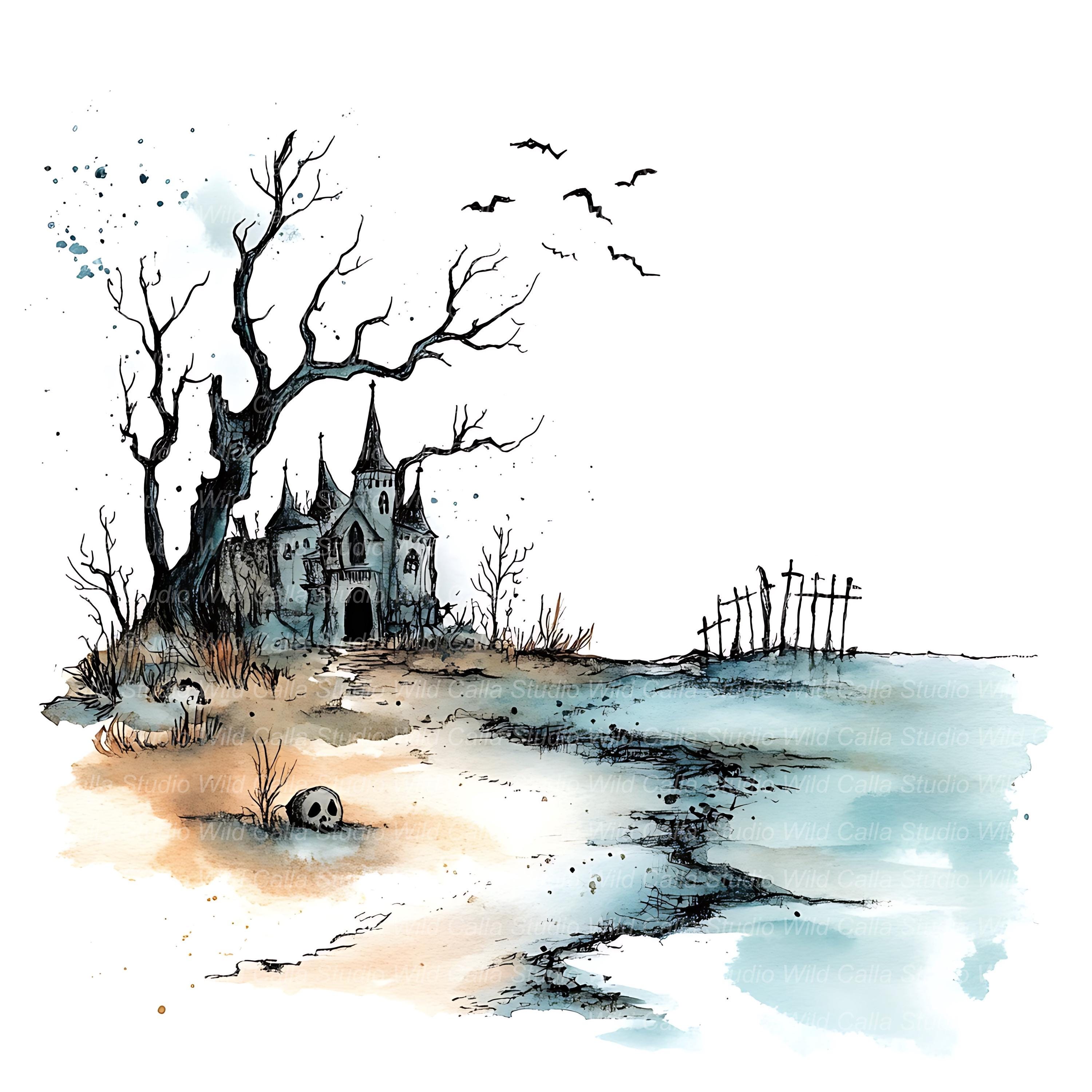 Spooky Haunted Beach Clipart - 15 Watercolor Scenes for Scrapbooking - Etsy