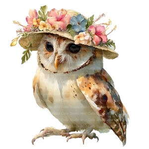 May include: Watercolor illustration of an owl wearing a straw hat adorned with colorful flowers. The owl has brown and white feathers and large, dark eyes. The image is set against a white background, highlighting the owl and its floral hat.