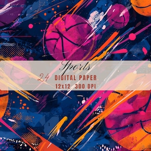 May include: Abstract digital paper design featuring basketballs in shades of pink and orange against a dark blue background. The design includes dynamic brushstrokes and the word "Sports". The paper is 30.48 x 30.48 cm and 300 DPI.