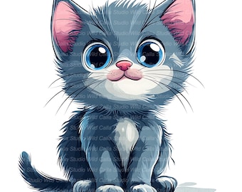 Russian Blue Cat Clipart: Quirky Whimsical Cartoon Kitten (14 Digital Images)
