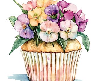 Sweet Pea Floral Birthday Cupcake Clipart - Watercolor Cake Art Set