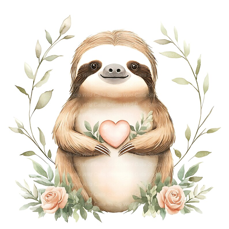 Sloth and Roses Clipart, Watercolor Valentine Blush (10 JPG Files) - Etsy