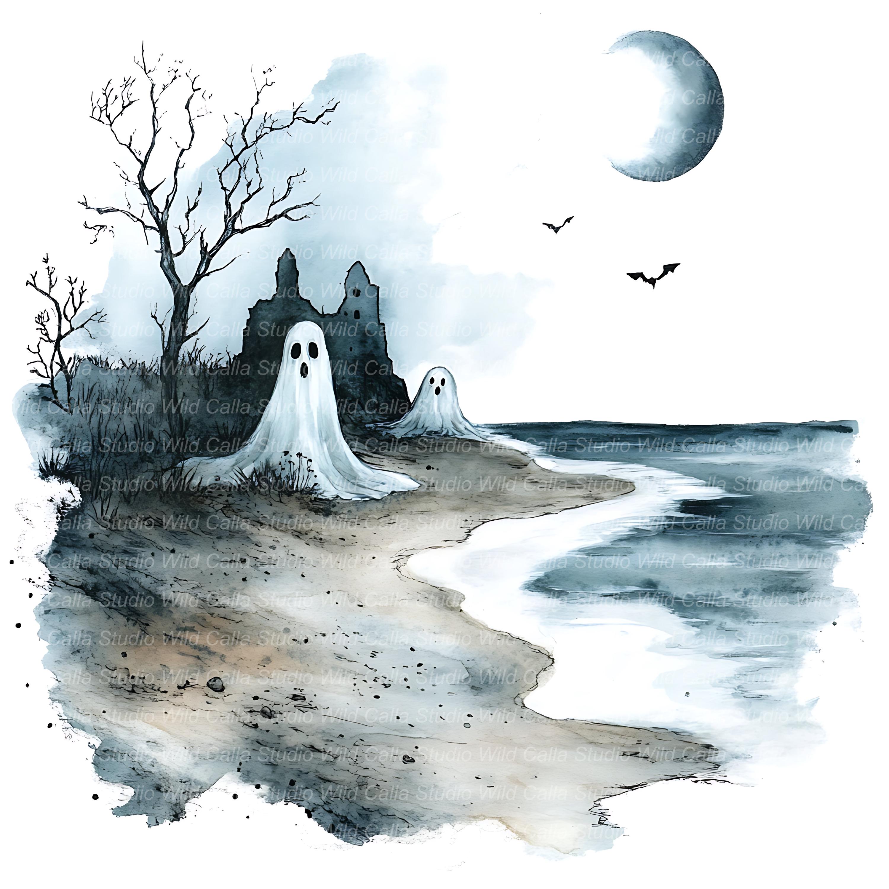 Spooky Haunted Beach Clipart - 15 Watercolor Scenes for Scrapbooking - Etsy