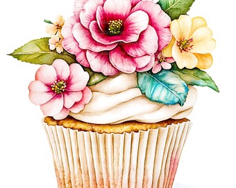 Floral Birthday Cupcake Clipart - Camellia Watercolor Cake Designs, 14 Pieces