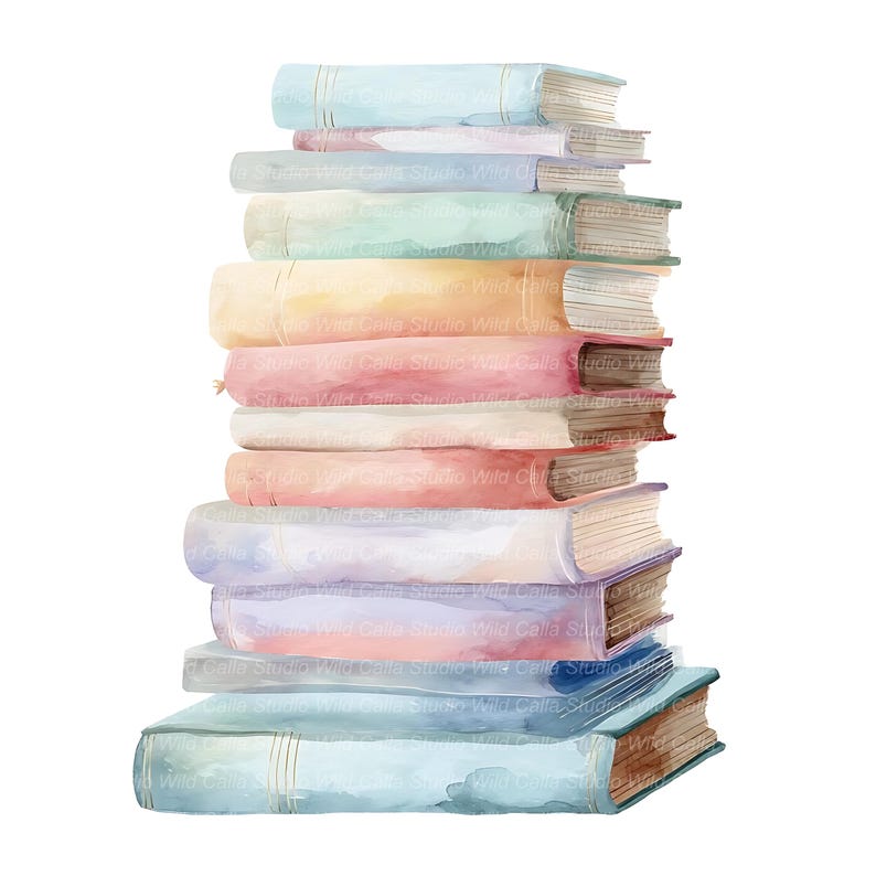 14 Watercolor Book Stack Cliparts: Pastel Junk Journal Art image 6