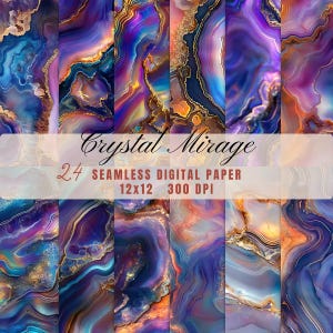 May include: A collection of 24 seamless digital papers with a crystal-like design. The papers feature swirling patterns in shades of blue, purple, and gold, with a resolution of 12x12 inches at 300 DPI. The text "Crystal Mirage" is displayed across the image.