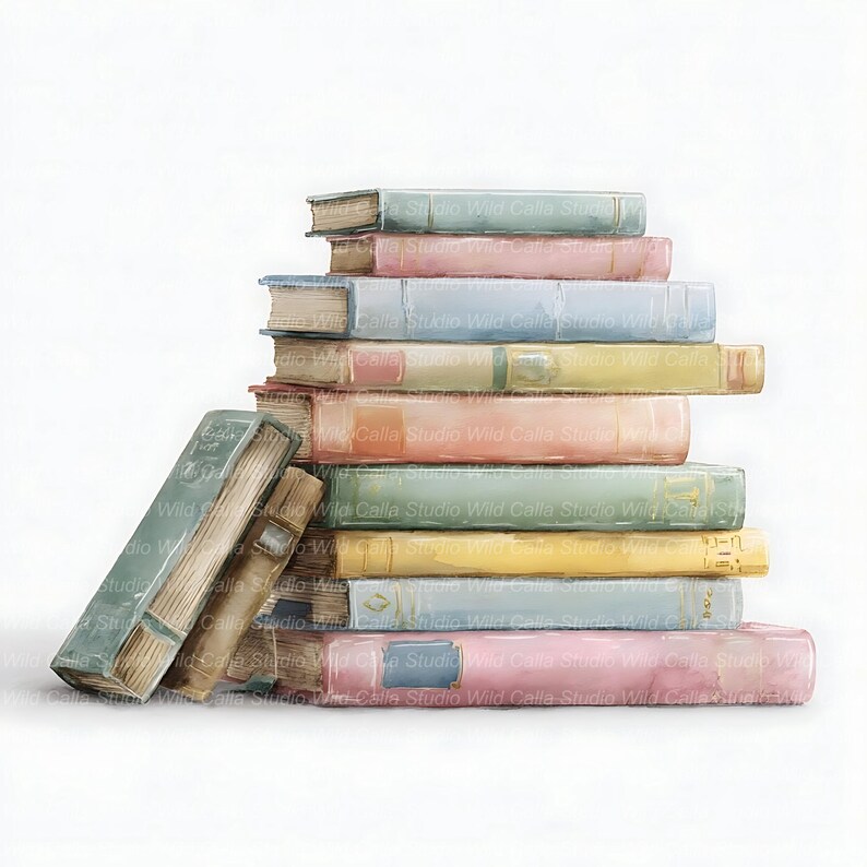 14 Watercolor Book Stack Cliparts: Pastel Junk Journal Art image 8