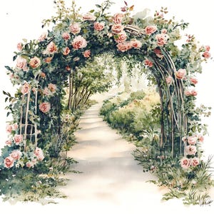 Op de afbeelding: Waterverfschilderij van een tuinboog bedekt met roze rozen en groene bladeren. Een wit pad leidt door de boog, omgeven door bomen en struiken, waardoor een serene, romantische scène ontstaat.