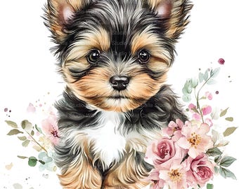 12 Yorkshire Terrier Clipart: Whimsical Floral Puppy Watercolor