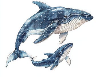 Whale Clipart Set: 14 Mom and Baby Designs - Watercolor Nursery Art