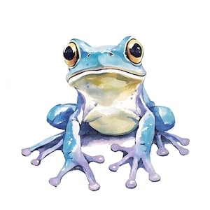 Può includere: Illustrazione ad acquerello di una rana blu con grandi occhi gialli. La rana ha un corpo azzurro con accenti blu più scuri e piedi palmati. L'opera d'arte ha uno stile morbido e pittorico, su sfondo bianco.
