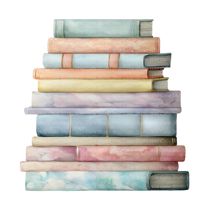 14 Watercolor Book Stack Cliparts: Pastel Junk Journal Art image 7