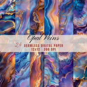 Puede incluir: Una colección de 24 papeles digitales sin costuras con un diseño de vetas de ópalo. Los papeles presentan patrones arremolinados en tonos de azul, morado, naranja y dorado. Se muestra el texto "Opal Veins" y "12x12 300 DPI".