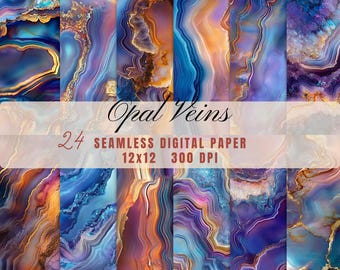 Digital Paper Pack: 24 Opal Veins Agate Geode Sheets - Printable Scrapbook Art