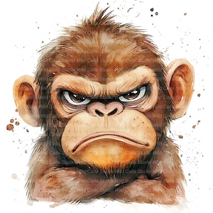 Immagine clipart di una scimmia scontrosa, ritratto di animale ad acquerello, espressione divertente, uso commerciale, download digitale immediato, creazione di biglietti, sublimazione