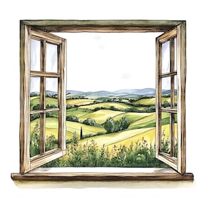 Puede incluir: Ilustración en acuarela de una ventana de madera abierta que enmarca un paisaje escénico. La vista incluye colinas verdes y amarillas, árboles y un cielo despejado. El marco de la ventana es de color marrón claro.