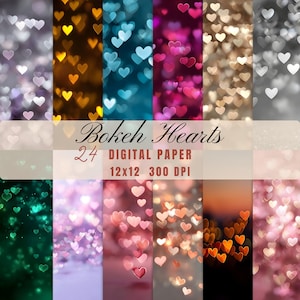 May include: A digital paper collection featuring 24 bokeh heart designs in various colors, including gold, teal, pink, and purple. The text on the image reads "Bokeh Hearts, 24 Digital Paper, 12x12 300 DPI."