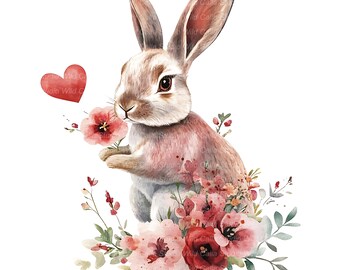 Cute Bunny Clipart Valentine's Day, Watercolor Rabbit Holding Flower, Pink Floral Heart, Spring Easter, Commercial Use Digital Download
