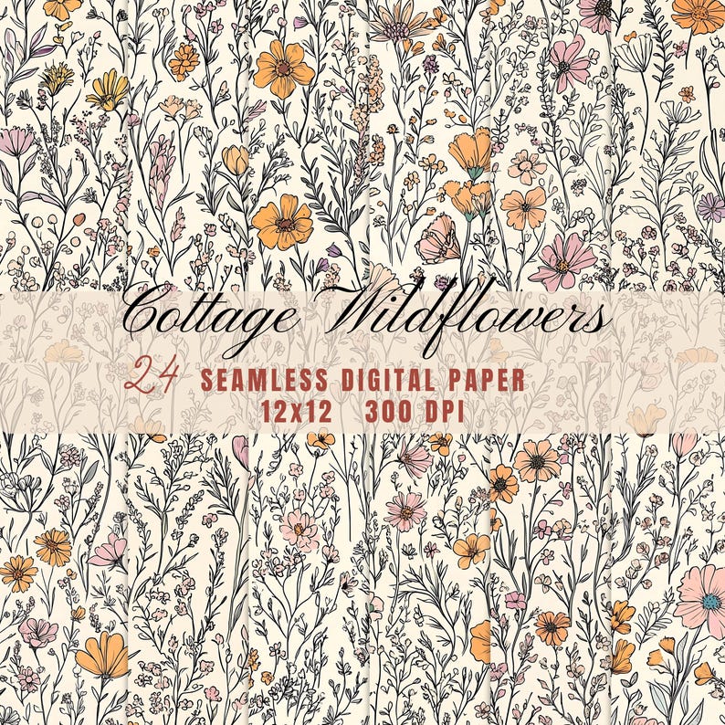Rustic Cottagecore Wildflowers Pattern Digital Paper, Pastel Doodle Art ...