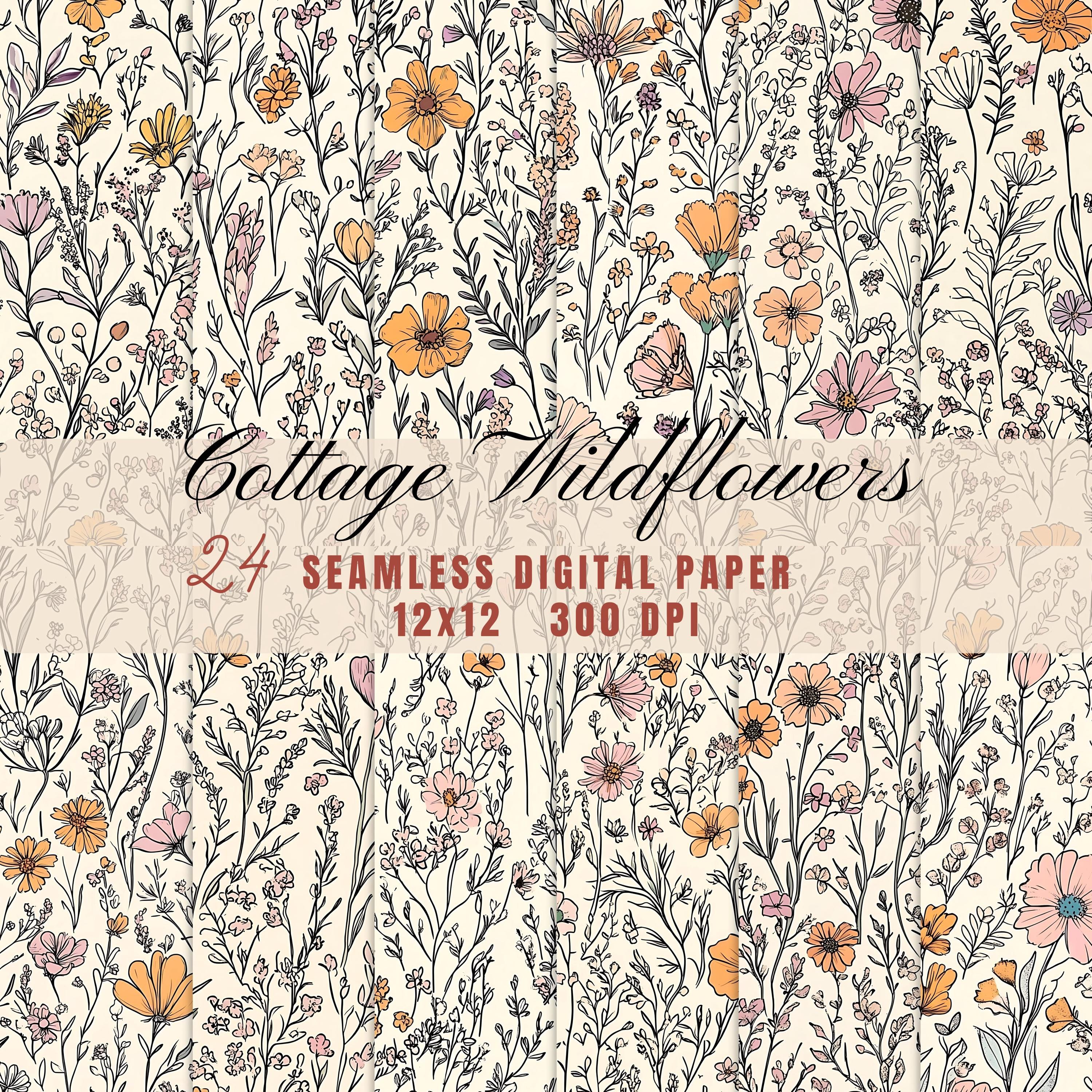 Rustic Cottagecore Wildflowers Pattern Digital Paper, Pastel Doodle Art ...