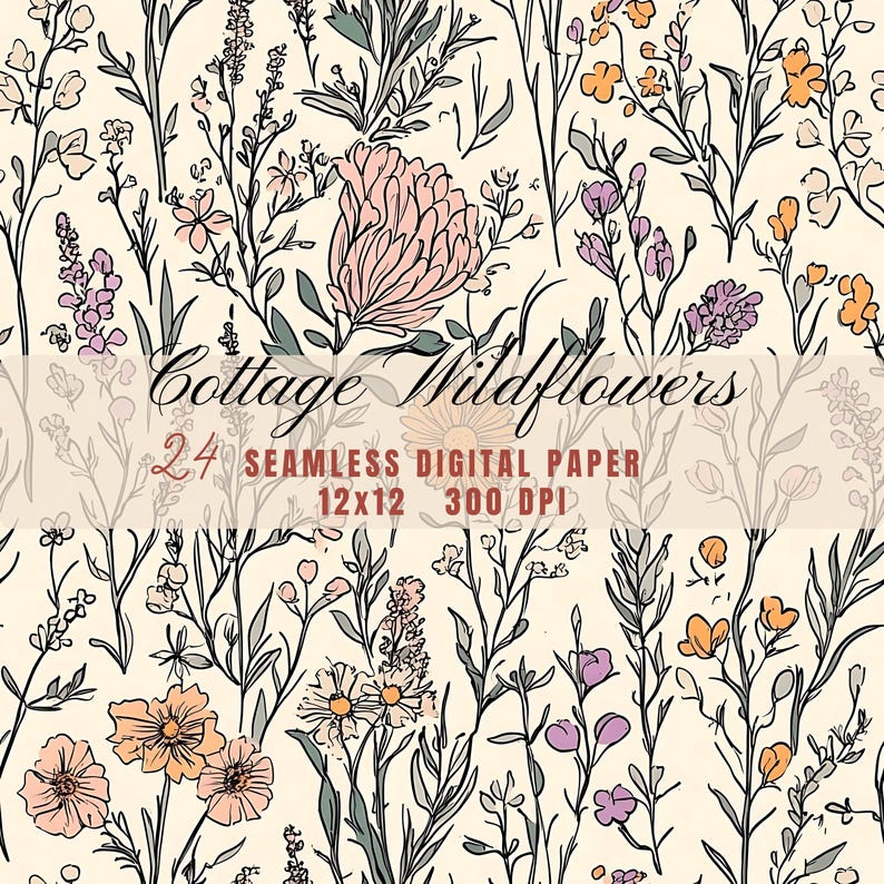 Rustic Cottagecore Wildflowers Pattern Digital Paper, Pastel Doodle Art ...