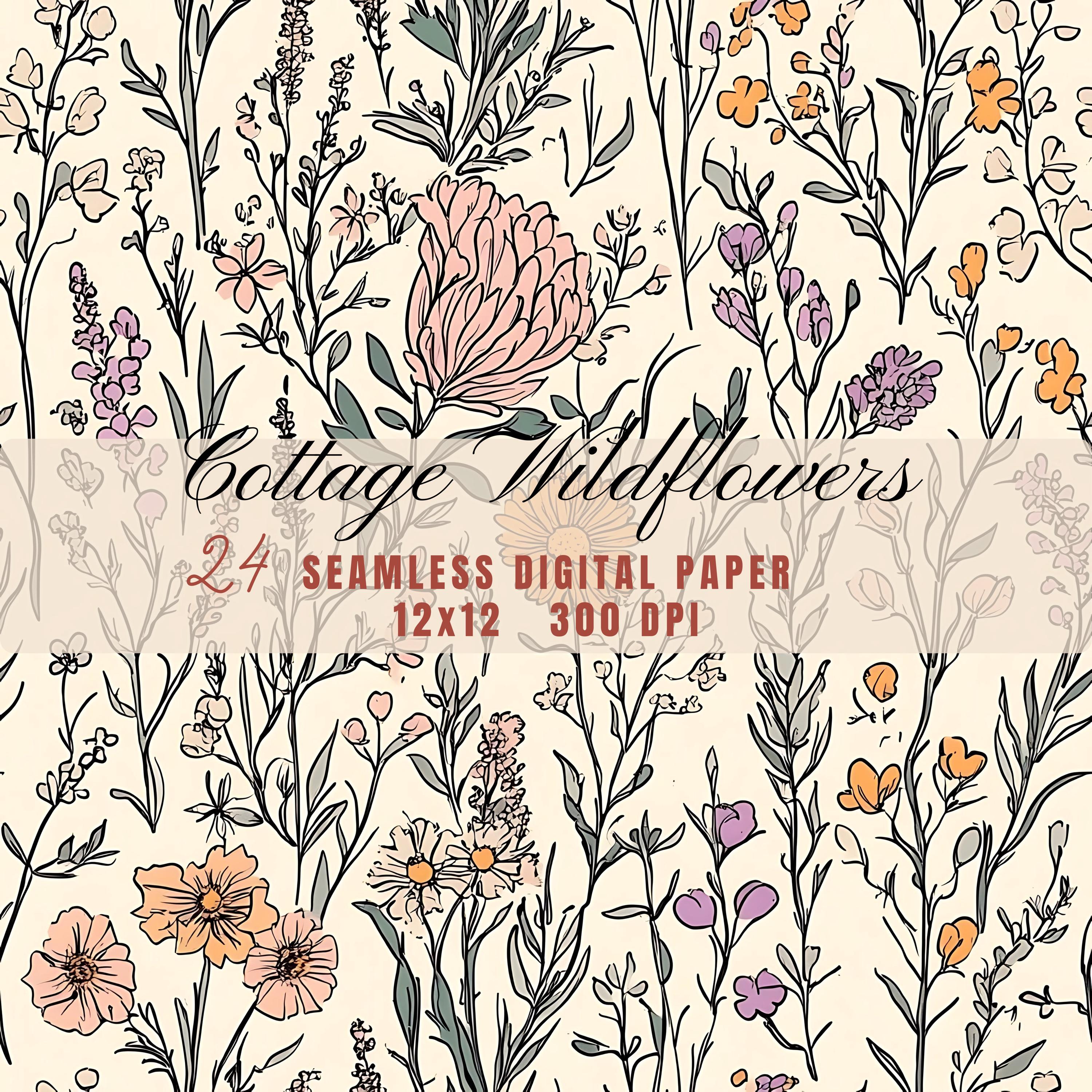 Rustic Cottagecore Wildflowers Pattern Digital Paper, Pastel Doodle Art ...