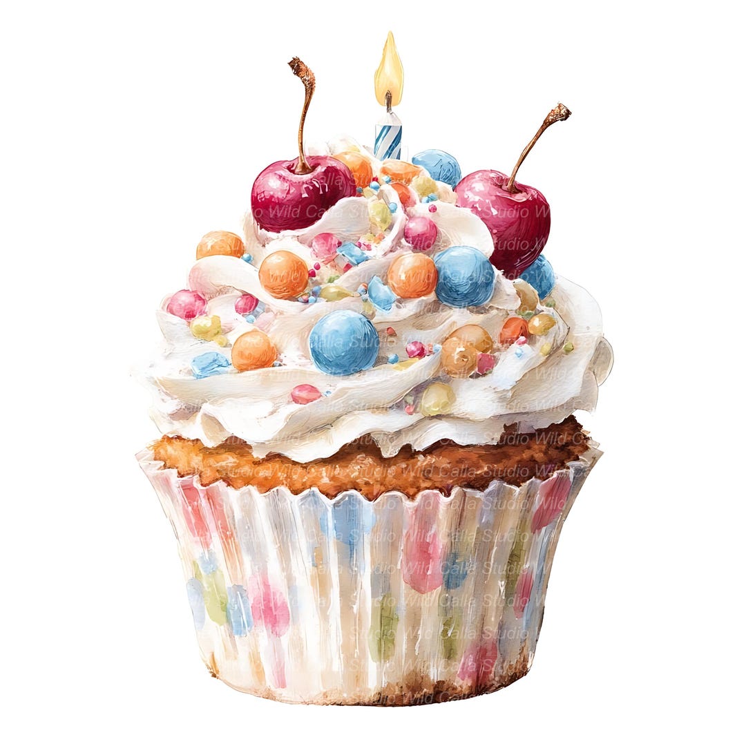 Birthday Cupcake Clipart: Cheerful Watercolor - Digital Scrapbooking - Etsy