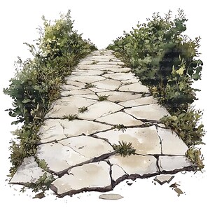 Könnte beinhalten: Aquarellillustration eines steinernen Pfades, der sich nach oben schlängelt und von üppigen grünen Büschen und Gras gesäumt wird. Der Weg besteht aus unregelmäßigen, hellfarbigen Steinen, zwischen denen kleine Pflanzen wachsen. Natürliches Thema.