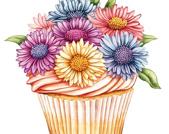 Aster Floral Birthday Cupcake Clipart - 14 Watercolor Cake Designs