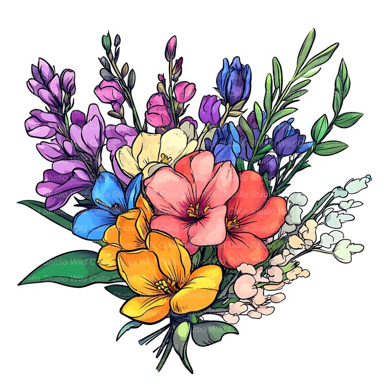 Colorful Flower Bouquet Clipart, Watercolor Floral Illustration, Hand ...
