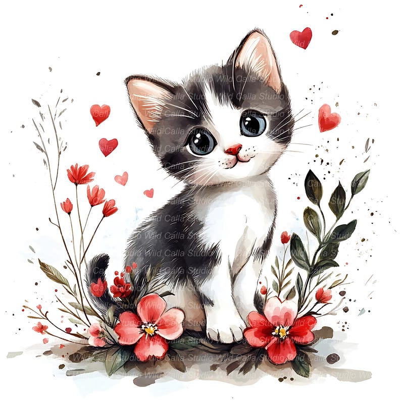 Clipart chat aquarelle, fleurs roses, Saint-Valentin (12 fichiers JPG numériques) image 1