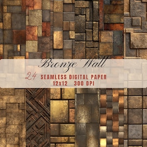May include: A collection of 24 seamless digital papers with a bronze wall texture. The papers are 12x12 inches and 300 DPI. The image features various shades of bronze, copper, and gold, creating a textured, metallic appearance.