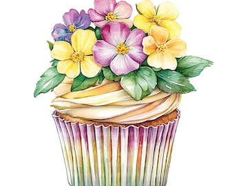 Birthday Cupcake Clipart: Primrose Floral Watercolor - Digital Download