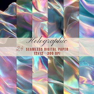May include: A collection of 24 seamless digital papers with a holographic effect. The papers are 12x12 inches and 300 DPI. The image features a variety of colors, including blues, greens, pinks, and purples, with a shimmering, iridescent quality. The word "Holographic" is written in cursive.
