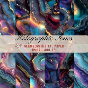 May include: A digital paper set featuring a collection of 24 seamless designs. The designs showcase a variety of agate-inspired patterns with iridescent colors, including blues, purples, and golds. The text "Holographic Tones" and "12x12 300 DPI" are also visible.