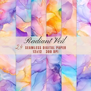 May include: A collection of 24 seamless digital papers with a watercolor effect. The papers feature vibrant colors including pink, purple, blue, and gold. The text "Radiant Veil" and details about the paper size and resolution are displayed.