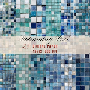 May include: Digital paper set featuring a mosaic tile pattern in shades of blue and teal. The image includes the text "Swimming Pool" and details about the paper size and resolution.