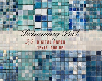 Swimming Pool Tile Digital Paper:  Pattern Texture, Printable Scrapbook Collage | 12x12in JPG, 300 DPI, Instant Download