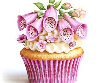 Foxglove Floral Birthday Cupcake Clipart (14 Watercolor Cake Images)