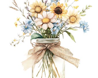Clipart de buquê em pote de vidro: Flores em aquarela (15 imagens JPG digitais)