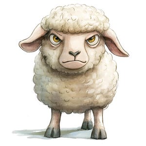 May include: A watercolor illustration of a sheep with an angry expression. The sheep has fluffy, off-white wool, yellow eyes, and gray hooves. The artwork is set against a white background, with a shadow beneath the sheep.