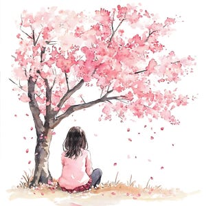 May include: A watercolour illustration depicts a person seated beneath a cherry blossom tree. The tree features a brown trunk and branches, adorned with pink flowers and falling petals. The person wears a pink sweater and dark trousers.