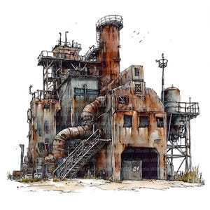 以下が含まれることがあります： 高い煙突、パイプ、階段を備えた、風化した産業用建物の水彩イラスト。 構造は茶色、灰色、錆の色合いで塗装されており、古さと劣化を示唆しています。 画像には「Studio Wild Calla Studio Wild」というテキストがあります。