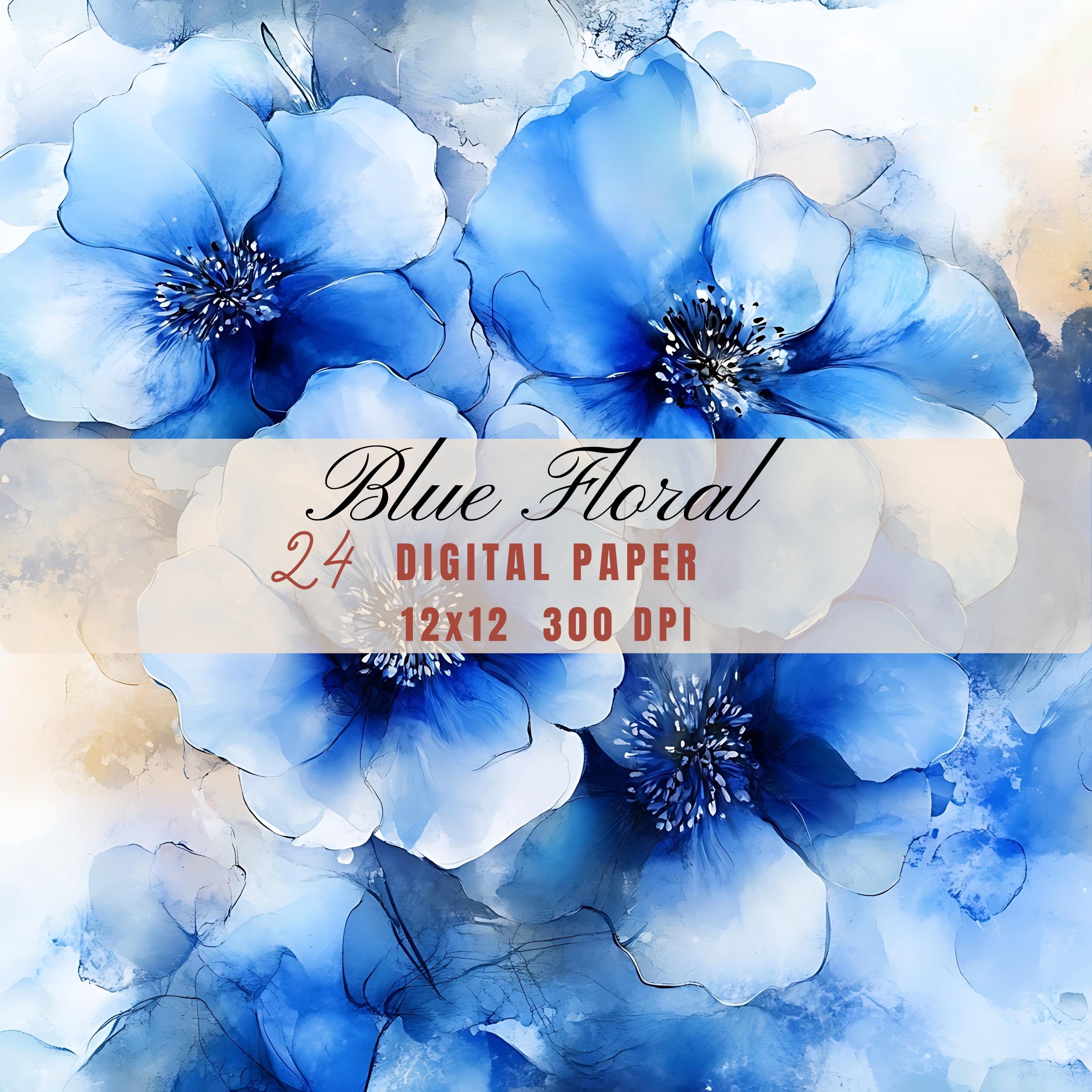 Digital Paper Pack: Blue Watercolor Flowers - Floral Scrapbook ...