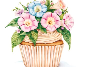 Morning Glory Floral Birthday Clipart, Cupcake and Cake Watercolor (13 JPG Files)