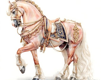 Clipart de Cavalo Real Elegante em Aquarela, Elementos Digitais para Artesanato, 16 Imagens JPG (4096x4096 px, 300 DPI, Download para Impressão)